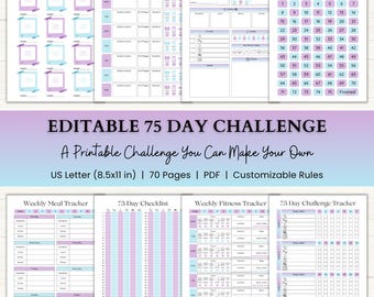 Editable 75 Day Challenge Planner | Workout & Fitness Journal | 75 Soft Medium Challenge Tracker | Printable PDF | Blue Purple