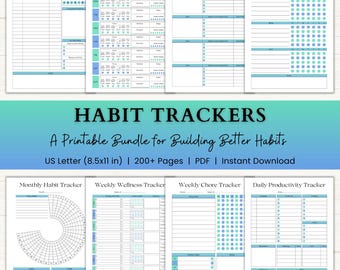 Habit Tracker Printable Bundle | ADHD Task Tracker | Workout, Sleep & Mood Trackers | PDF | Blue Green