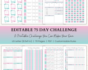 Editable 75 Day Challenge Planner | Weight Loss & Fitness Tracker | 75 Soft Medium Challenge Journal | Printable PDF | Pink Green