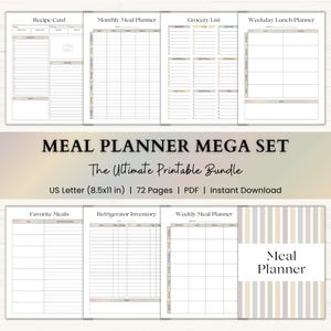 May include: A collection of printable meal planning pages, including a recipe card, monthly and weekly planners, a grocery list, and a refrigerator inventory. The set is US Letter size (8.5x11 in) and includes 72 pages. The title "MEAL PLANNER MEGA SET" is displayed.