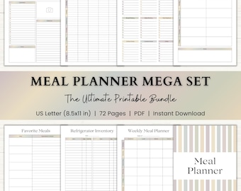 May include: A collection of printable meal planning pages, including a recipe card, monthly and weekly planners, a grocery list, and a refrigerator inventory. The set is US Letter size (8.5x11 in) and includes 72 pages. The title "MEAL PLANNER MEGA SET" is displayed.