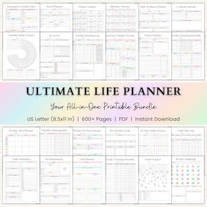Peut inclure: Un ensemble de planificateurs numériques intitulé ULTIMATE LIFE PLANNER Your All-in-One Printable Bundle US Letter (21,6x27,9 cm) 600+ Pages PDF Instant Download, comprenant divers modèles comme des suivis d'habitudes, des menus et des plannings pastel.