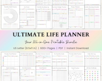 Könnte beinhalten: Ein digitales Planer-Set mit dem Titel ULTIMATE LIFE PLANNER Your All-in-One Printable Bundle US Letter (21,6x27,9 cm) 600+ Pages PDF Instant Download, das verschiedene Vorlagen wie Gewohnheitstracker, Essenspläne und Zeitpläne mit Pastellakzenten enthält.