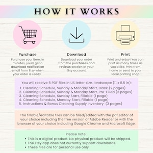 May include: A colorful graphic with instructions on how to purchase, download, and print a digital cleaning schedule. The schedule is available in five different PDF files, including blank, pre-filled, and fillable options. The files are in US letter size, landscape format, and measure 11 by 8.5 inches.
