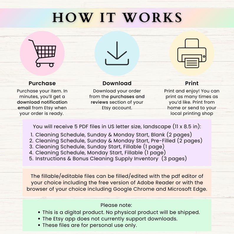 May include: A colorful graphic with instructions on how to purchase, download, and print a digital cleaning schedule. The schedule is available in five different PDF files, including blank, pre-filled, and fillable options. The files are in US letter size, landscape format, and measure 11 by 8.5 inches.