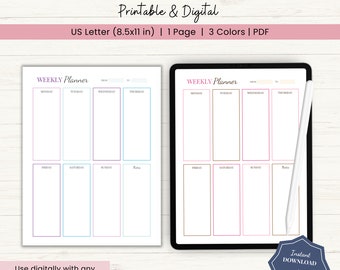 Weekly Planner Printable | Weekly Schedule | ADHD Planner Printable | Week on One Page Planner | Weekly Overview | Work Day Organizer | PDF