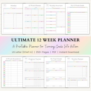 May include: A digital 12-week planner set featuring pastel-colored headers and borders. The pages include layouts for Monday, weekly overviews, 12-week goals, breakdowns, progress trackers, and top 3 goals, sized at 8.5x11 inches for US Letter.