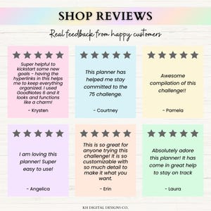 May include: A graphic display titled SHOP REVIEWS with the subtitle Real feedback from happy customers. It features six customer testimonials, each with five stars, presented in pastel-colored boxes with text reviews from Krysten, Courtney, Pamela, Angelica, Erin, and Laura.