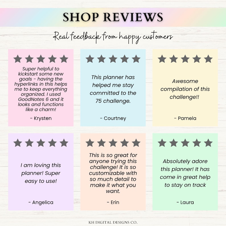 May include: A graphic display titled SHOP REVIEWS with the subtitle Real feedback from happy customers. It features six customer testimonials, each with five stars, presented in pastel-colored boxes with text reviews from Krysten, Courtney, Pamela, Angelica, Erin, and Laura.