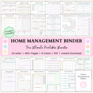 Home Management Binder | Printable Cleaning Schedule | Weekly Meal Planner | Budget Tracker | Household Organizer Checklist | PDF | 6 Colors