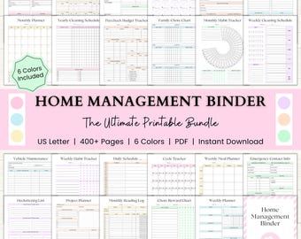 Home Management Binder | Printable Cleaning Schedule | Weekly Meal Planner | Budget Tracker | Household Organizer Checklist | PDF | 6 Colors