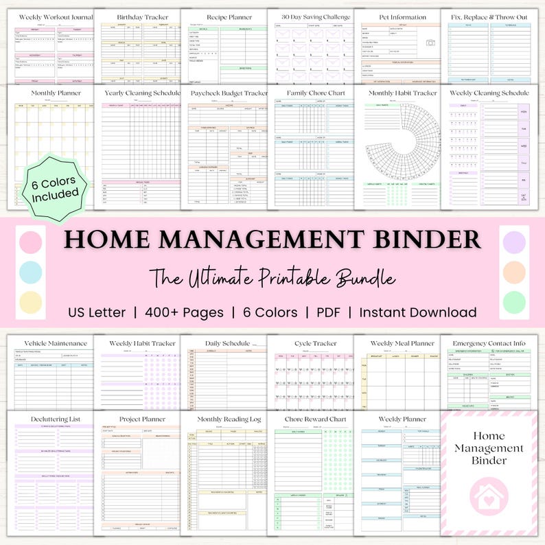 Home Management Binder | Printable Cleaning Schedule | Weekly Meal Planner | Budget Tracker | Household Organizer Checklist | PDF | 6 Colors image 1