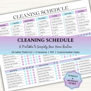 May include: A printable cleaning schedule document featuring a weekly task list with columns for Monday through Sunday, plus sections for quarterly, semi-annual, and annual chores. The layout includes text headers, checkboxes, and a purple-blue gradient.