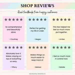 May include: A digital design featuring customer reviews on pastel-colored sticky notes. Each note includes a five-star rating and a customer quote. The text "SHOP REVIEWS" and "Real feedback from happy customers" are at the top.