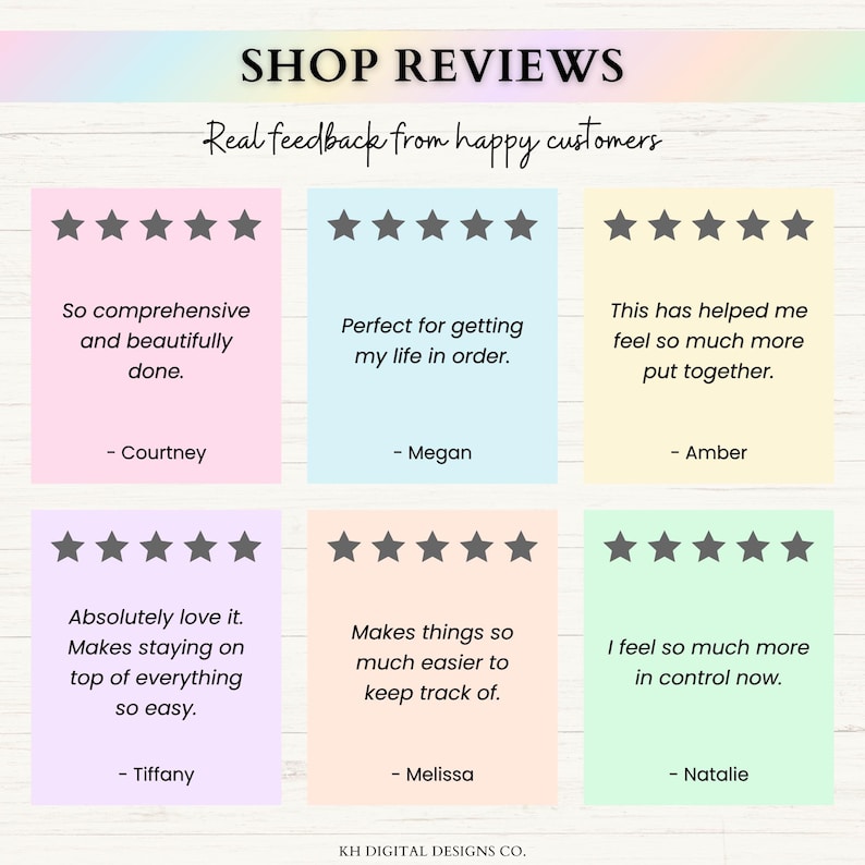 May include: A digital design featuring customer reviews on pastel-colored sticky notes. Each note includes a five-star rating and a customer quote. The text "SHOP REVIEWS" and "Real feedback from happy customers" are at the top.
