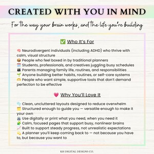 May include: A digital information sheet titled CREATED WITH YOU IN MIND. It lists target audiences including neurodivergent individuals, students, and parents, followed by benefits like clean layouts, digital or print options, and focused pages.