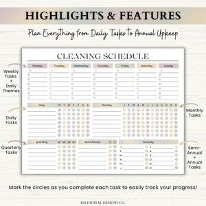 May include: A cleaning schedule planner page with the text HIGHLIGHTS & FEATURES, Plan Everything from Daily Tasks To Annual Upkeep, and CLEANING SCHEDULE. It includes sections for weekly, daily, monthly, quarterly, semi-annual, and annual tasks.