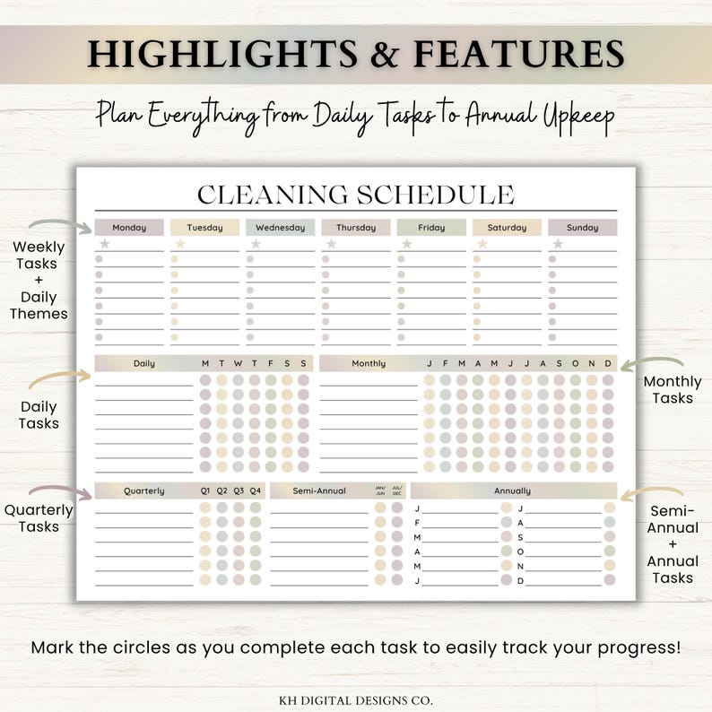 May include: A cleaning schedule planner page with the text HIGHLIGHTS & FEATURES, Plan Everything from Daily Tasks To Annual Upkeep, and CLEANING SCHEDULE. It includes sections for weekly, daily, monthly, quarterly, semi-annual, and annual tasks.