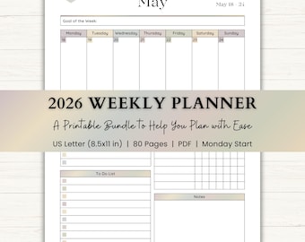 May include: A printable 2026 weekly planner with a white background. The planner includes a calendar for May, a to-do list, and a notes section. The text "2026 WEEKLY PLANNER" is prominently displayed.