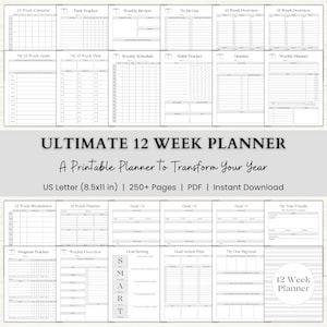 12 Week Planner Printable: Weekly Planning System for ADHD-Friendly Structure & Task Tracking (PDF) – Gray