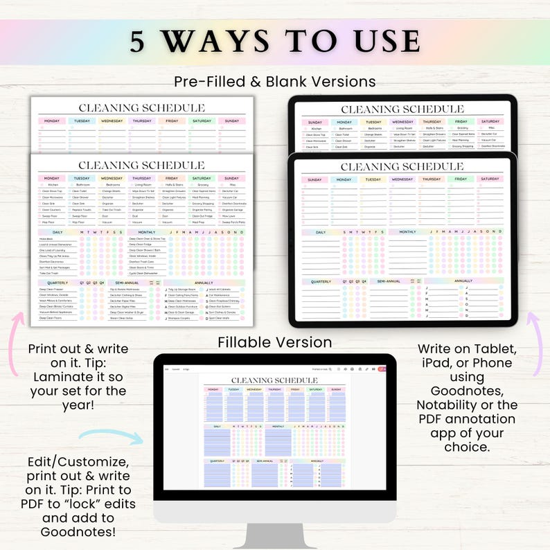 May include: A digital printable cleaning schedule with five different ways to use it. The schedule is divided into daily, weekly, monthly, quarterly, semi-annual, and annual tasks. The schedule is available in pre-filled and blank versions, as well as a fillable version. The fillable version can be used on a tablet, iPad, or phone using Goodnotes, Notability, or a PDF annotation app.