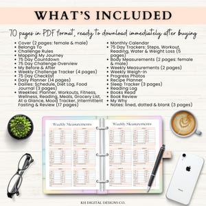 May include: A printable planner with a pastel rainbow background. The planner includes 70 pages of content, including a cover, challenge rules, daily and weekly trackers, and notes pages. The text "WHAT'S INCLUDED" is at the top of the page.