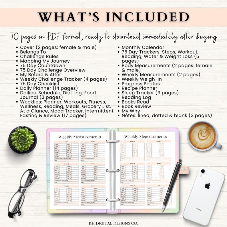May include: A printable planner with a pastel rainbow background. The planner includes 70 pages of content, including a cover, challenge rules, daily and weekly trackers, and notes pages. The text "WHAT'S INCLUDED" is at the top of the page.