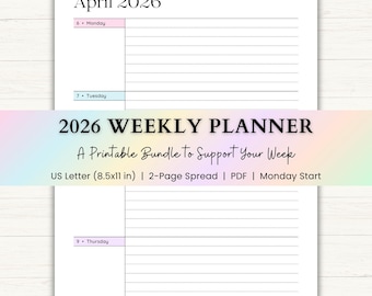 May include: A two-page spread weekly planner for April 2026, with lined sections for each day. The planner includes the text "2026 WEEKLY PLANNER" and "US Letter (8.5x11 in)".