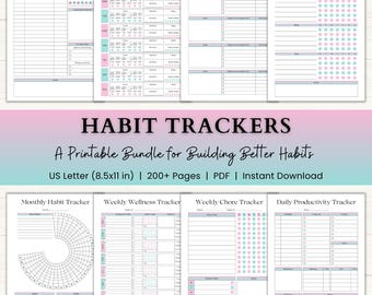 Habit Tracker Printable Bundle | ADHD Routine Tracker | Sleep, Goal & Self Care Trackers | PDF | Pink Green
