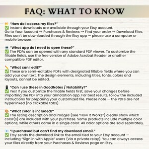 May include: An informational graphic titled FAQ: WHAT TO KNOW with black text on a white background. It lists six questions regarding digital file access, PDF compatibility, editing capabilities, app usage, color options, and download email issues.