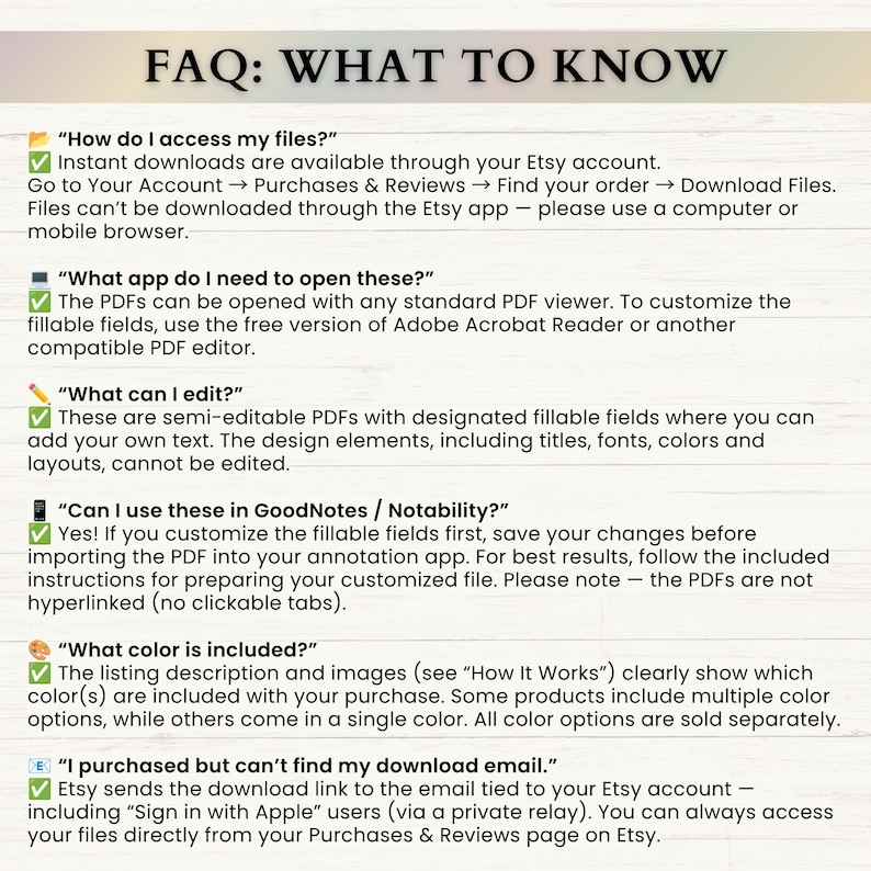 May include: An informational graphic titled FAQ: WHAT TO KNOW with black text on a white background. It lists six questions regarding digital file access, PDF compatibility, editing capabilities, app usage, color options, and download email issues.