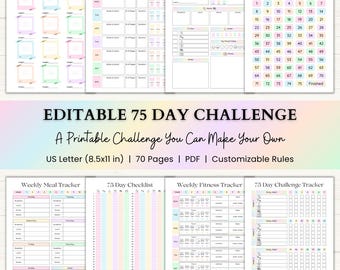 Editable 75 Day Challenge Planner | Fitness & Workout Tracker | 75 Soft Medium Challenge Journal | Printable PDF | Rainbow