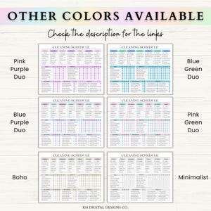 May include: A digital printable cleaning schedule with different color options. The options include pink and purple duo, blue and purple duo, blue and green duo, pink and green duo, boho, and minimalist.