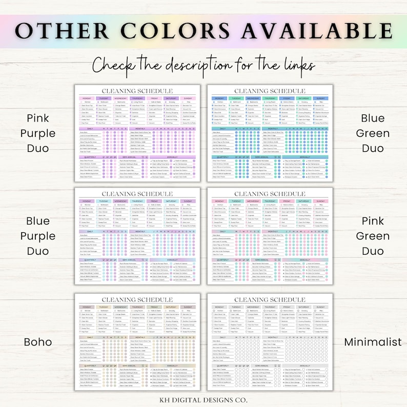 May include: A digital printable cleaning schedule with different color options. The options include pink and purple duo, blue and purple duo, blue and green duo, pink and green duo, boho, and minimalist.