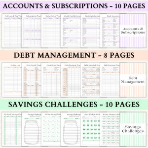 May include: A planner with sections for accounts, subscriptions, debt management, and savings challenges. The planner includes pages for tracking expenses, debts, and savings goals. The text on the planner reads "ACCOUNTS & SUBSCRIPTIONS - 10 PAGES", "DEBT MANAGEMENT - 8 PAGES", and "SAVINGS CHALLENGES - 10 PAGES".