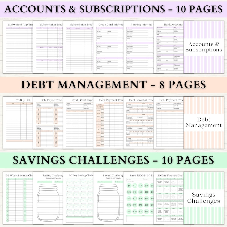 May include: A planner with sections for accounts, subscriptions, debt management, and savings challenges. The planner includes pages for tracking expenses, debts, and savings goals. The text on the planner reads "ACCOUNTS & SUBSCRIPTIONS - 10 PAGES", "DEBT MANAGEMENT - 8 PAGES", and "SAVINGS CHALLENGES - 10 PAGES".