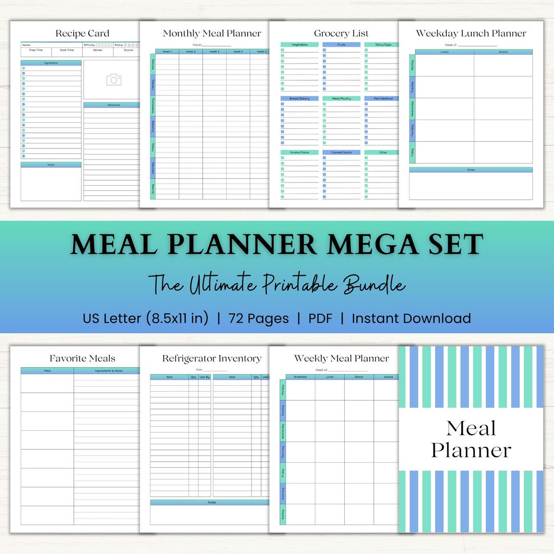 Meal Planner Printable Bundle | Weekly & Monthly Meal Prep Planning ...