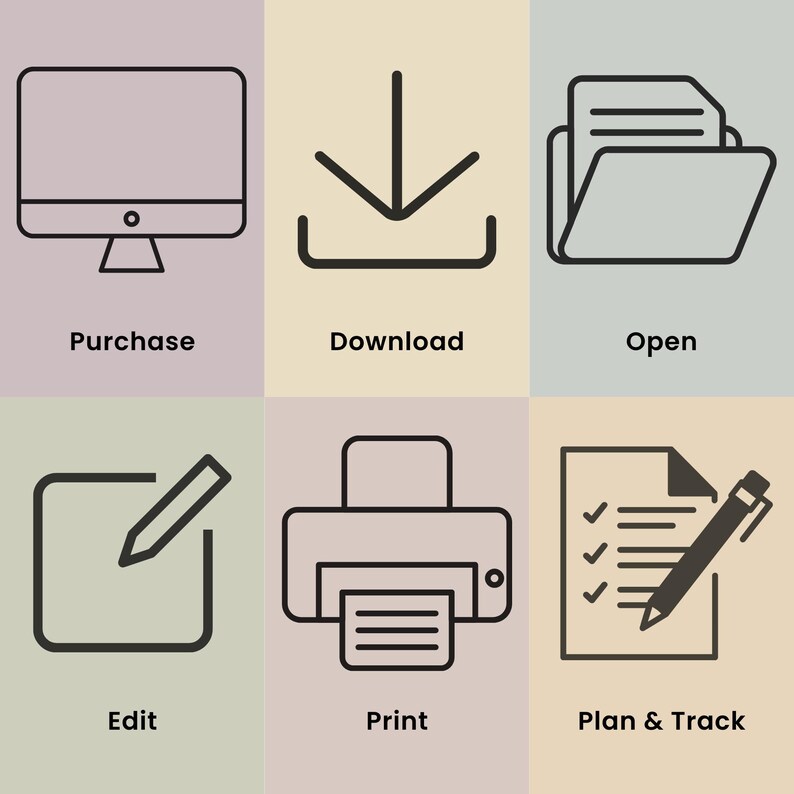 May include: A six-panel infographic with black line icons on pastel backgrounds. The icons represent Purchase with a computer, Download with an arrow, Open with a folder, Edit with a pencil, Print with a printer, and Plan & Track with a checklist.