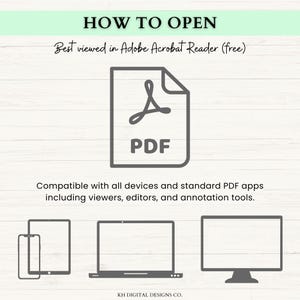 May include: A digital graphic with the text "HOW TO OPEN" at the top. Below is a PDF icon and the text "Best viewed in Adobe Acrobat Reader (free)". The image also includes illustrations of a tablet, laptop, and desktop computer.
