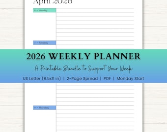 Op de afbeelding: Een witte 2026 weekplanner met een blauwgroene banner. De planner bevat de maand april, met data voor maandag, dinsdag en donderdag. De planner is US Letter formaat, 21,6 x 27,9 cm, en is een 2-pagina spread.
