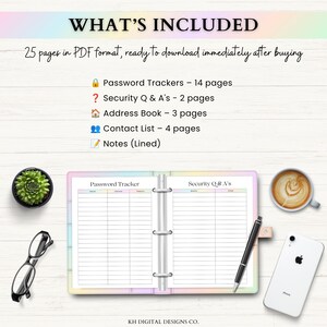 May include: A digital planner set containing 25 PDF pages including password trackers, security questions, an address book, a contact list, and lined notes. The layout features a pastel rainbow border, a black pen, glasses, a succulent, and a smartphone.