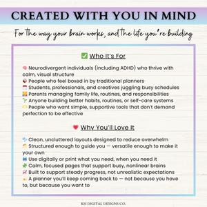 Puede incluir: Un gr&aacute;fico informativo digital con fondo de madera blanca y borde morado. El texto dice: CREATED WITH YOU IN MIND, For the way your brain works, and the life you're building. Enumera Who It's For y Why You'll Love It con iconos.