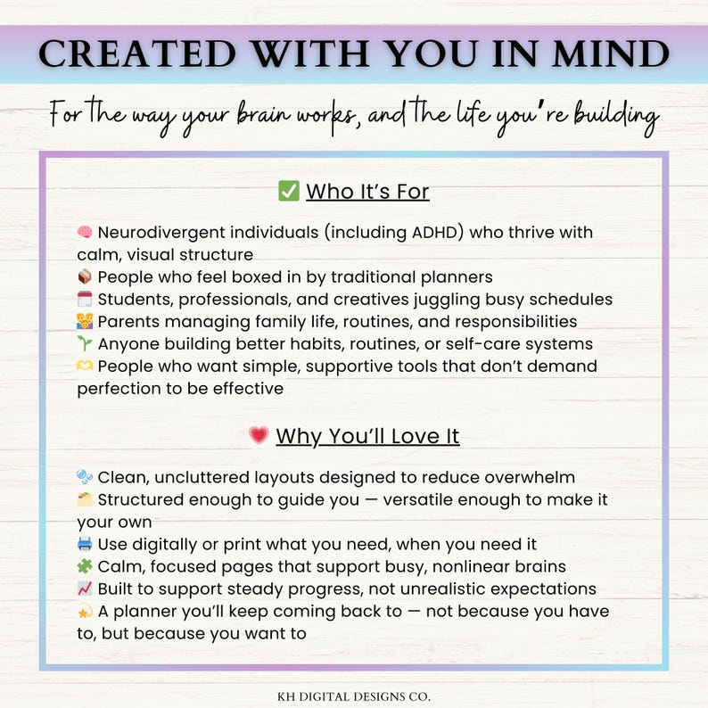 Puede incluir: Un gr&aacute;fico informativo digital con fondo de madera blanca y borde morado. El texto dice: CREATED WITH YOU IN MIND, For the way your brain works, and the life you're building. Enumera Who It's For y Why You'll Love It con iconos.
