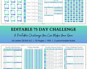 Editable 75 Day Challenge Planner | Fitness & Exercise Tracker | 75 Soft Medium Challenge Journal | Printable PDF | Blue Green
