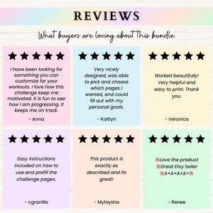 May include: A collage of customer reviews for a printable workout challenge. The reviews are positive and highlight the ease of use, customization, and effectiveness of the challenge. The reviews are accompanied by five-star ratings.