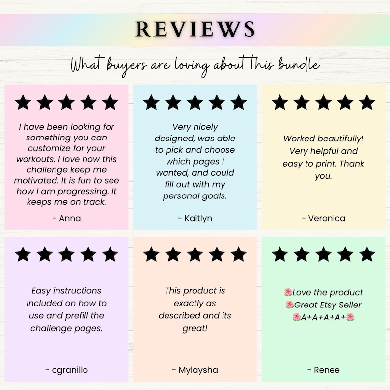 May include: A collage of customer reviews for a printable workout challenge. The reviews are positive and highlight the ease of use, customization, and effectiveness of the challenge. The reviews are accompanied by five-star ratings.