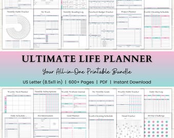 Puede incluir: Una colección de páginas de planificador imprimibles titulada Ultimate Life Planner Your All-in-One Printable Bundle US Letter 8.5x11 in 600+ Pages PDF Instant Download con varios rastreadores de hábitos, fitness, comidas y horarios en negro, rosa y azul.