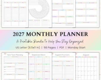May include: A 2027 monthly planner bundle with pages for goals, habits, reviews, and yearly planning. Includes pages for important dates and an August calendar. The planner is US Letter size (8.5x11 inches) and has 98 pages.