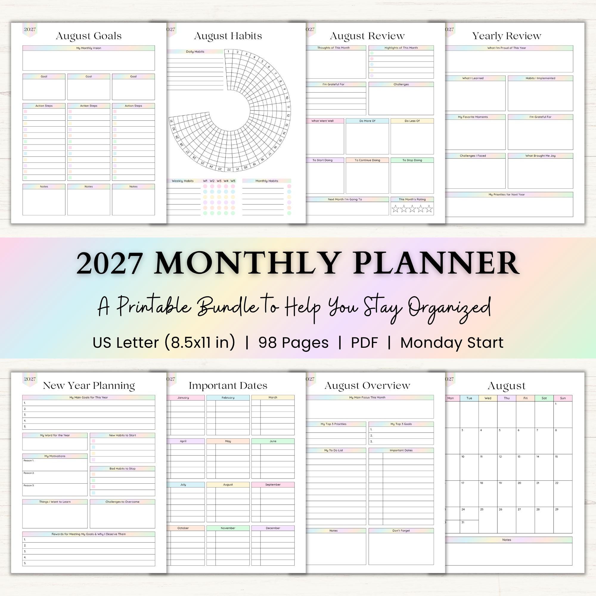 2027 Monthly Planner Printable Bundle | Monday Start Planner | Monthly