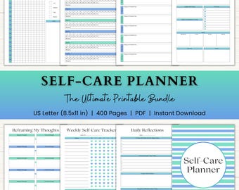 Self Care Planner Printable | Self Love Journal | Mood Tracker | Anxiety Journal | Gratitude Planner | Mental Health Journal | Blue Green
